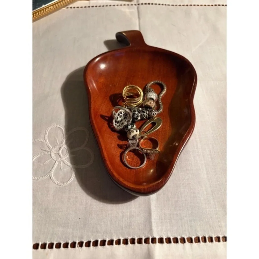 Vintage Haitian Mahogany Wood Leaf Dish - Hand Carved MCM Trinket Tray